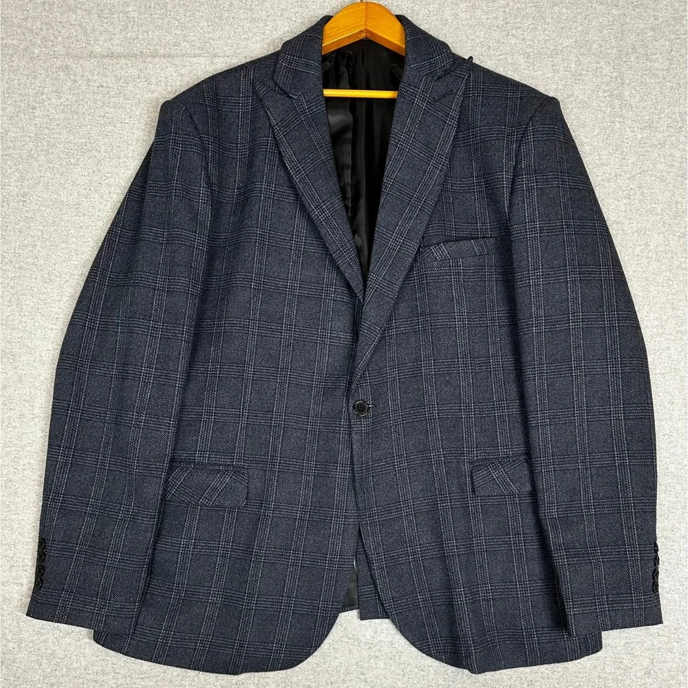 Glen Plaid Soft Blazer Mens 50 Gray Blue One Button Sport Coat Jacket
